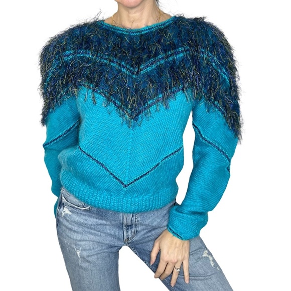 Vintage 80s 90s neon blue eyelash feather fringe pullover sweater - Picture 1 of 11